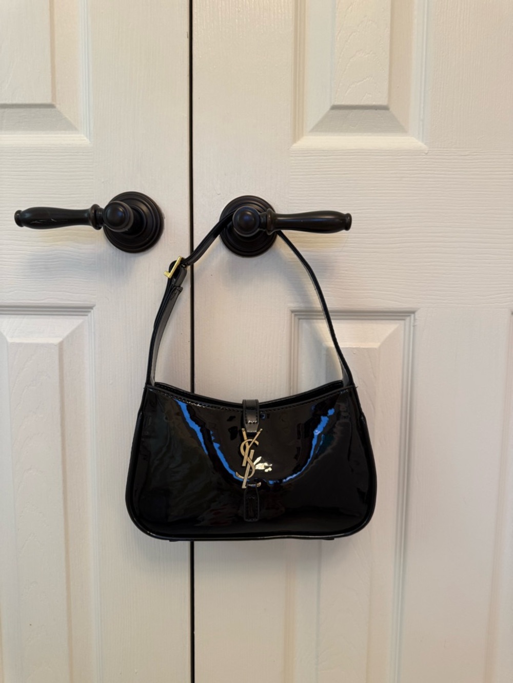 Black Patent Shoulder Bag with Gold Logo